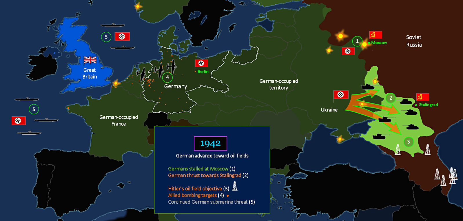 Germans move on oilfields, 1942 map